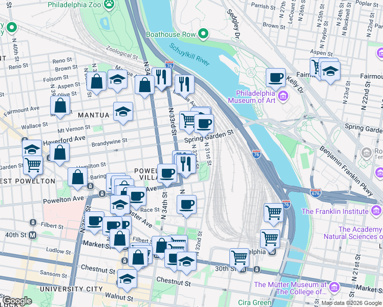 map of restaurants, bars, coffee shops, grocery stores, and more near 438 North 32nd Street in Philadelphia