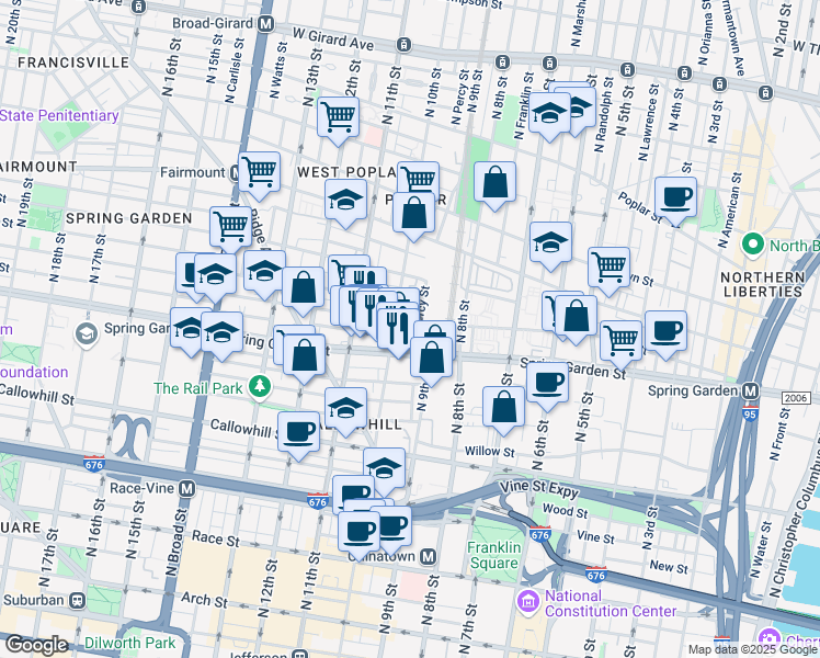 map of restaurants, bars, coffee shops, grocery stores, and more near 907 Green Street in Philadelphia