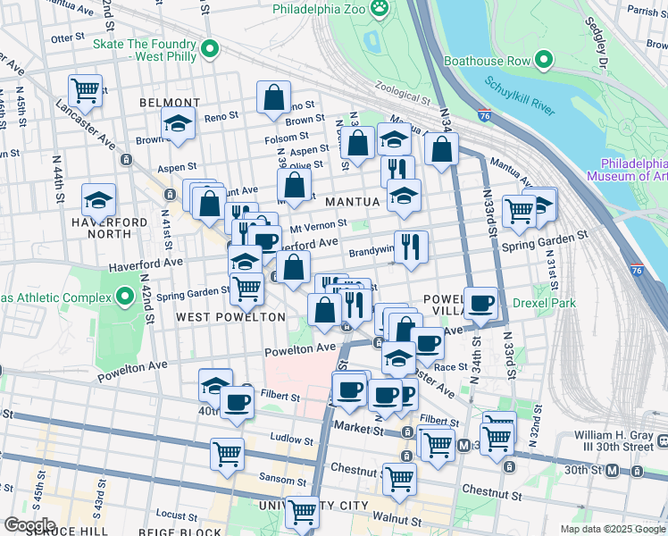 map of restaurants, bars, coffee shops, grocery stores, and more near 3823 Spring Garden Street in Philadelphia