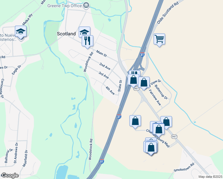 map of restaurants, bars, coffee shops, grocery stores, and more near 1349 4th Avenue in Chambersburg