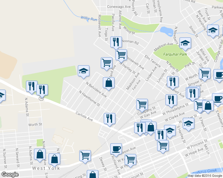 map of restaurants, bars, coffee shops, grocery stores, and more near 637 Pennsylvania Avenue in York