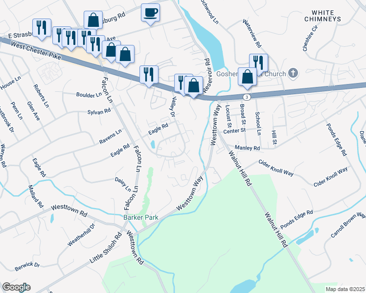 map of restaurants, bars, coffee shops, grocery stores, and more near 1106 Valley Drive in West Chester