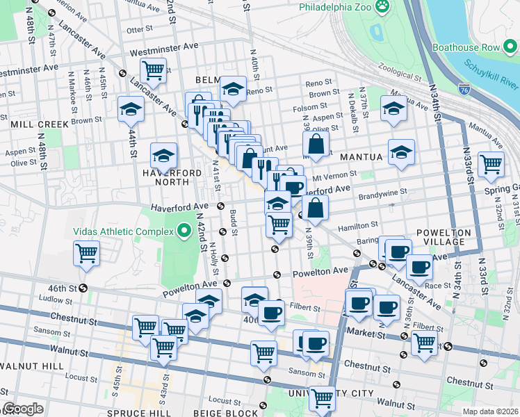 map of restaurants, bars, coffee shops, grocery stores, and more near in Philadelphia