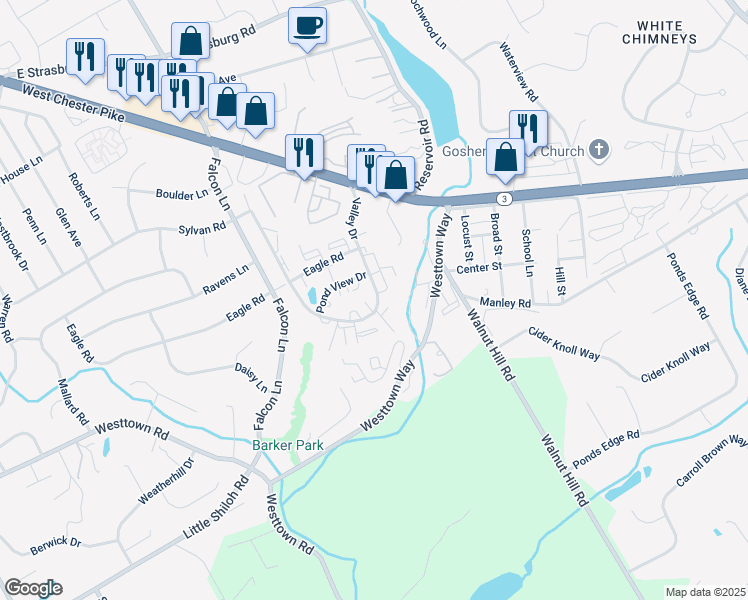 map of restaurants, bars, coffee shops, grocery stores, and more near 1013 Valley Drive in West Chester