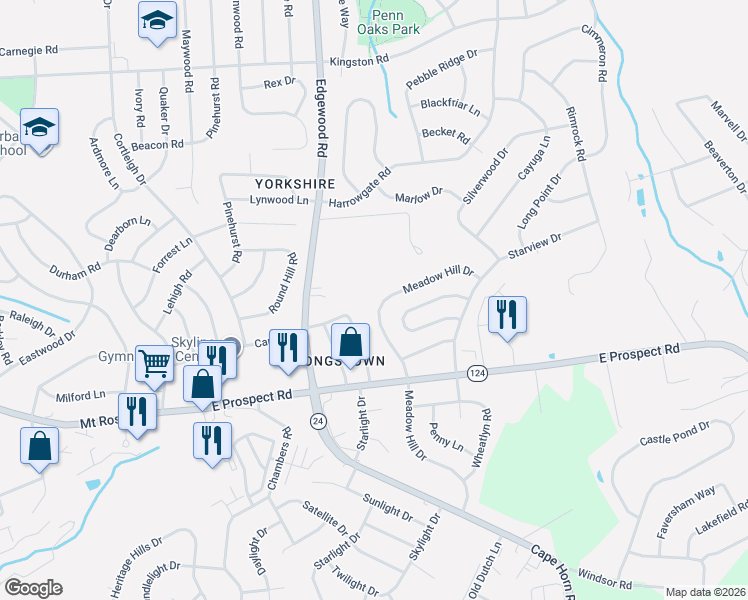 map of restaurants, bars, coffee shops, grocery stores, and more near 121 Meadow Hill Drive in York