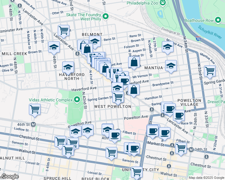 map of restaurants, bars, coffee shops, grocery stores, and more near 4013 Green Street in Philadelphia