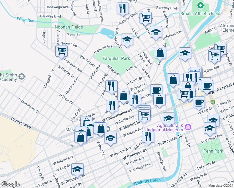 map of restaurants, bars, coffee shops, grocery stores, and more near 228 Earl Way in York