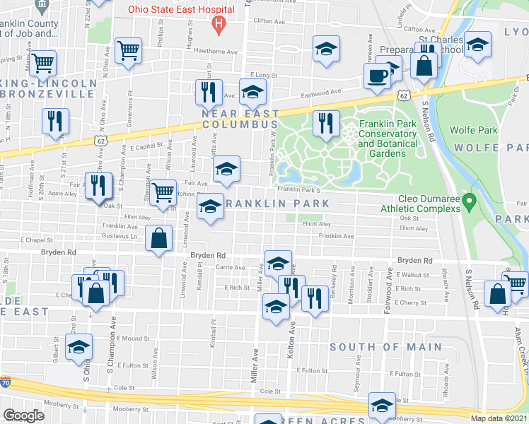 map of restaurants, bars, coffee shops, grocery stores, and more near Oak St & Miller Ave in Columbus