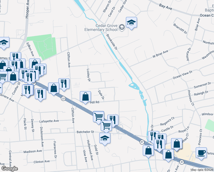 map of restaurants, bars, coffee shops, grocery stores, and more near 593 Loxley Drive in Toms River
