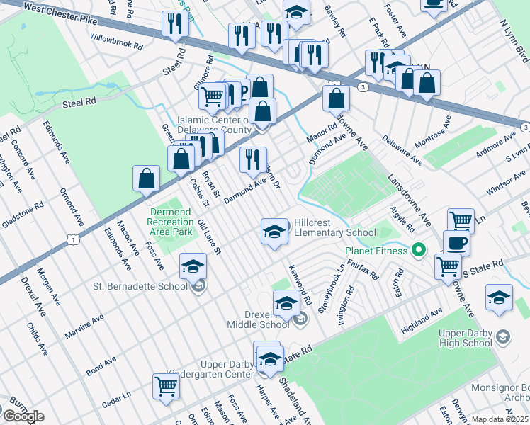 map of restaurants, bars, coffee shops, grocery stores, and more near 1111 Harding Drive in Havertown
