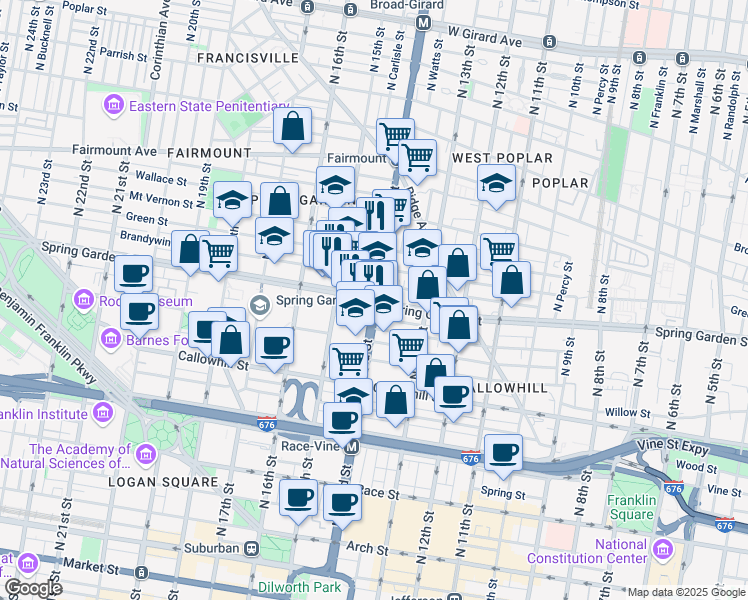map of restaurants, bars, coffee shops, grocery stores, and more near North Broad Street & Spring Garden Street in Philadelphia