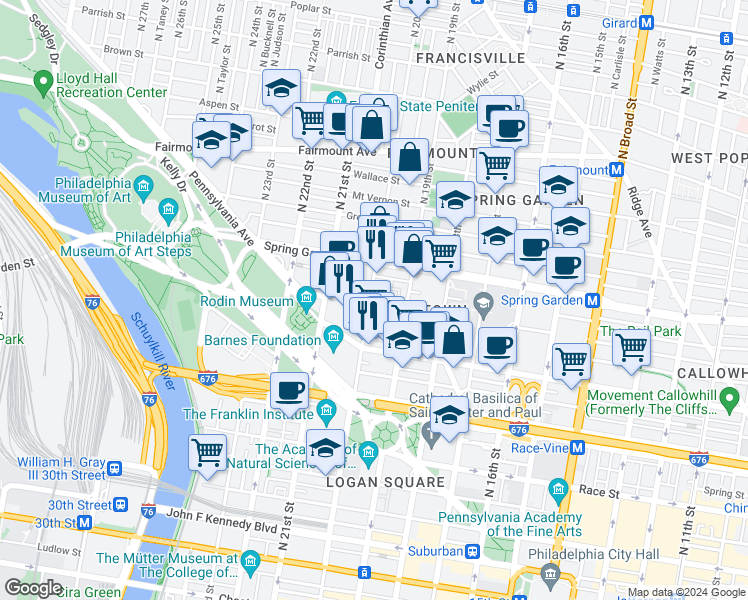map of restaurants, bars, coffee shops, grocery stores, and more near 503 North 20th Street in Philadelphia
