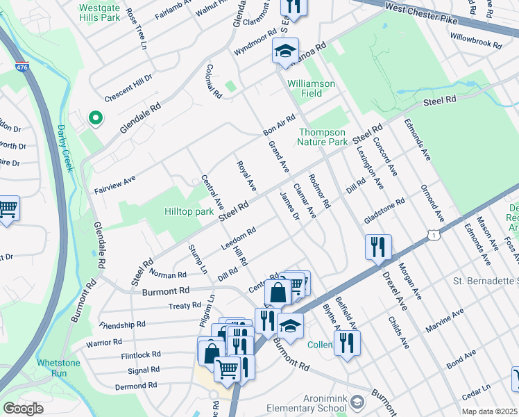 map of restaurants, bars, coffee shops, grocery stores, and more near 1235 Steel Road in Havertown