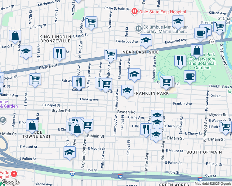 map of restaurants, bars, coffee shops, grocery stores, and more near 1309 Oak Street in Columbus