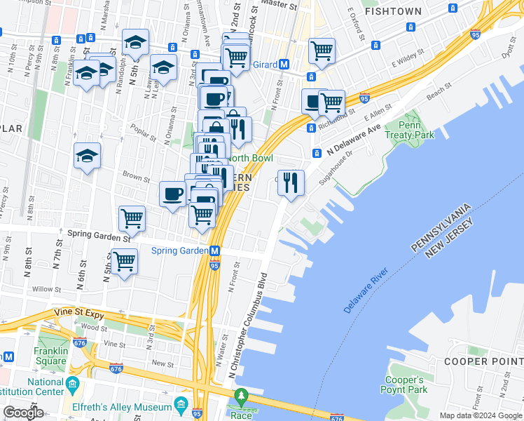 map of restaurants, bars, coffee shops, grocery stores, and more near 1 Brown Street in Philadelphia