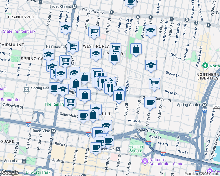 map of restaurants, bars, coffee shops, grocery stores, and more near 612 North 10th Street in Philadelphia