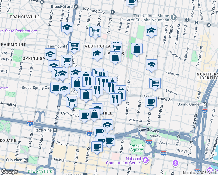 map of restaurants, bars, coffee shops, grocery stores, and more near 612 North 10th Street in Philadelphia