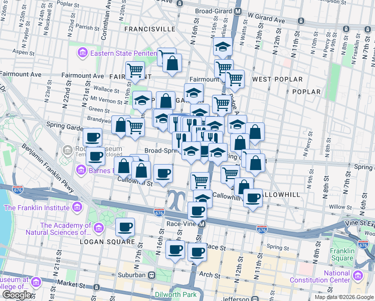 map of restaurants, bars, coffee shops, grocery stores, and more near 1515 Spring Garden Street in Philadelphia