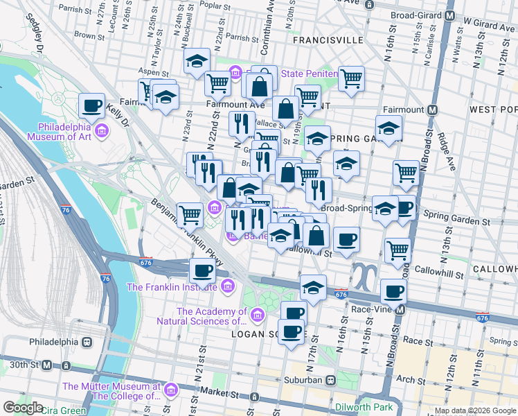 map of restaurants, bars, coffee shops, grocery stores, and more near in Philadelphia