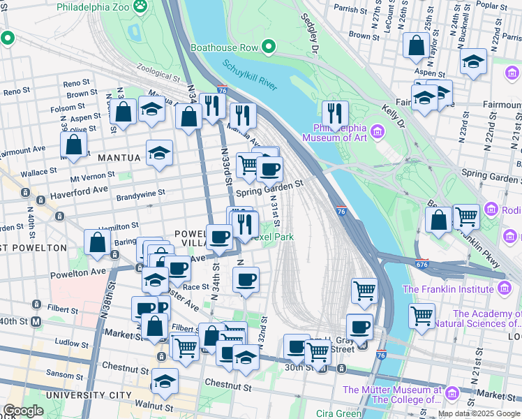 map of restaurants, bars, coffee shops, grocery stores, and more near 436 North 31st Street in Philadelphia