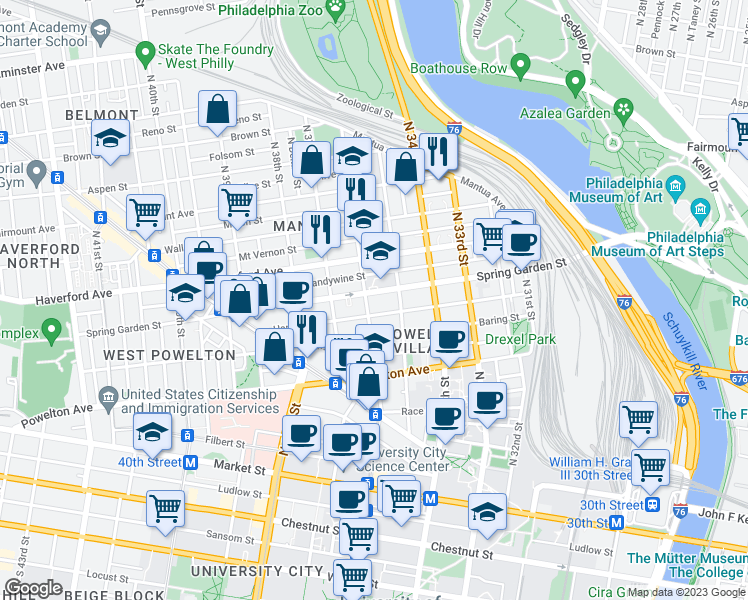 map of restaurants, bars, coffee shops, grocery stores, and more near 3509 Spring Garden Street in Philadelphia