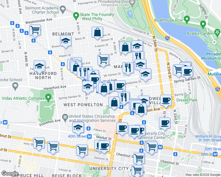 map of restaurants, bars, coffee shops, grocery stores, and more near 3819 Brandywine Street in Philadelphia