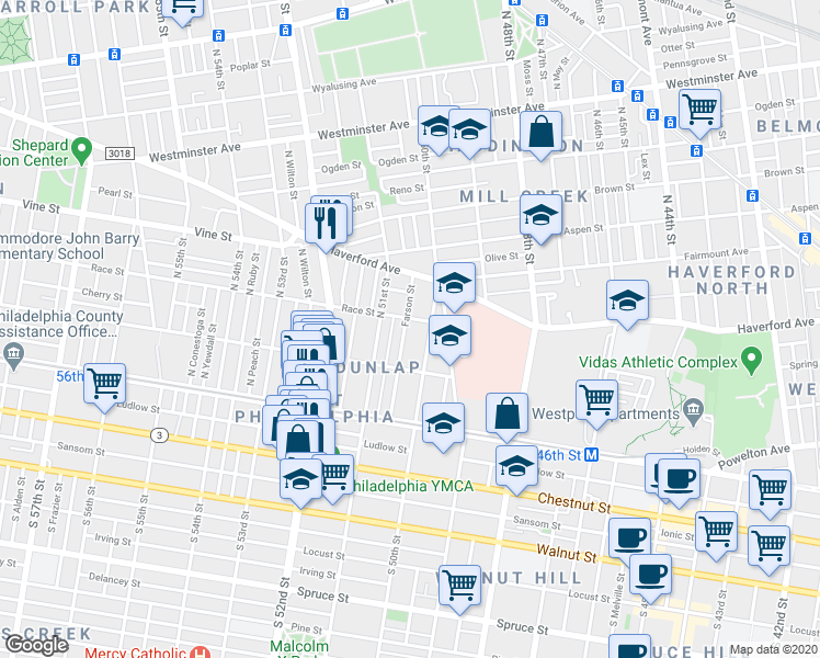 map of restaurants, bars, coffee shops, grocery stores, and more near 210 North 50th Street in Philadelphia