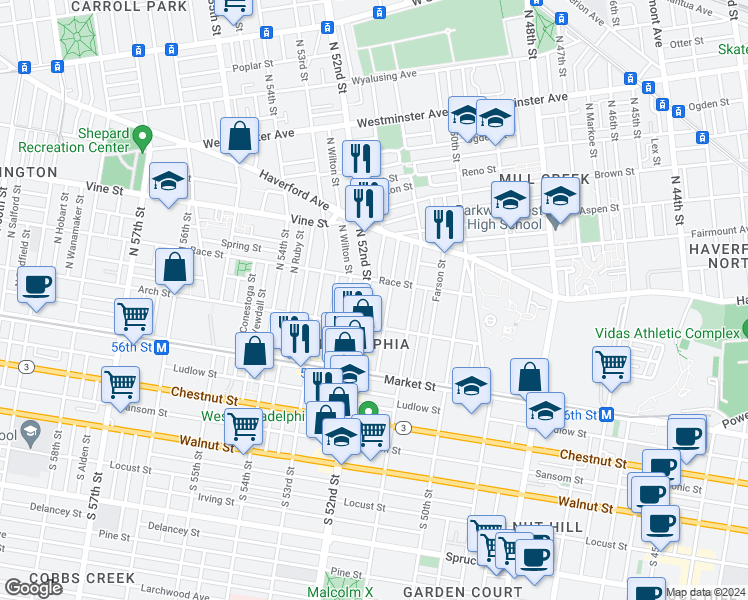 map of restaurants, bars, coffee shops, grocery stores, and more near 5136 Race Street in Philadelphia