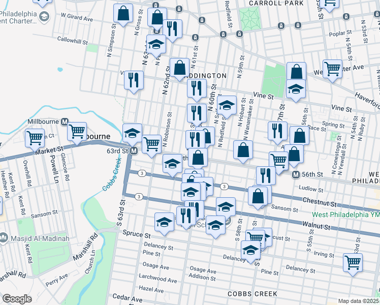 map of restaurants, bars, coffee shops, grocery stores, and more near 38 North Edgewood Street in Philadelphia
