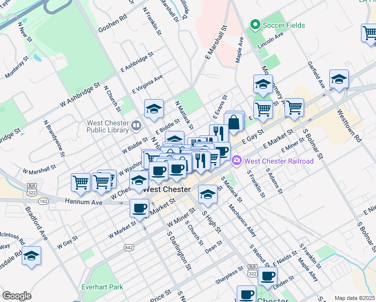 map of restaurants, bars, coffee shops, grocery stores, and more near 215 North Walnut Street in West Chester