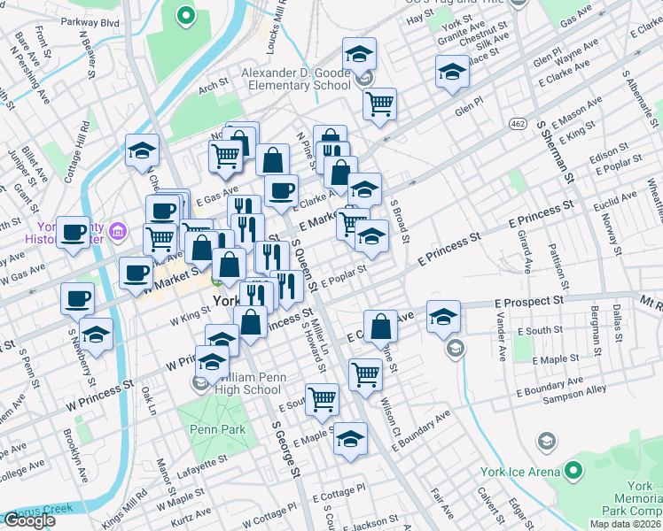 map of restaurants, bars, coffee shops, grocery stores, and more near 241 East King Street in York