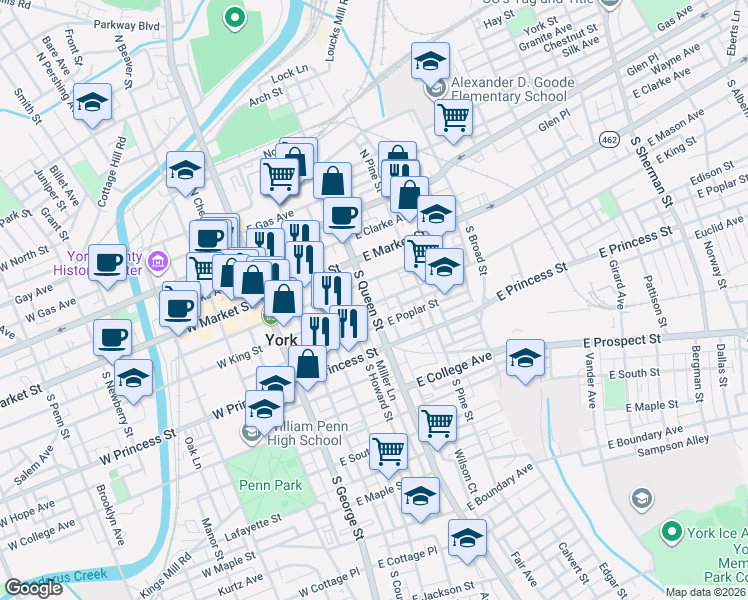 map of restaurants, bars, coffee shops, grocery stores, and more near 28 South Queen Street in York