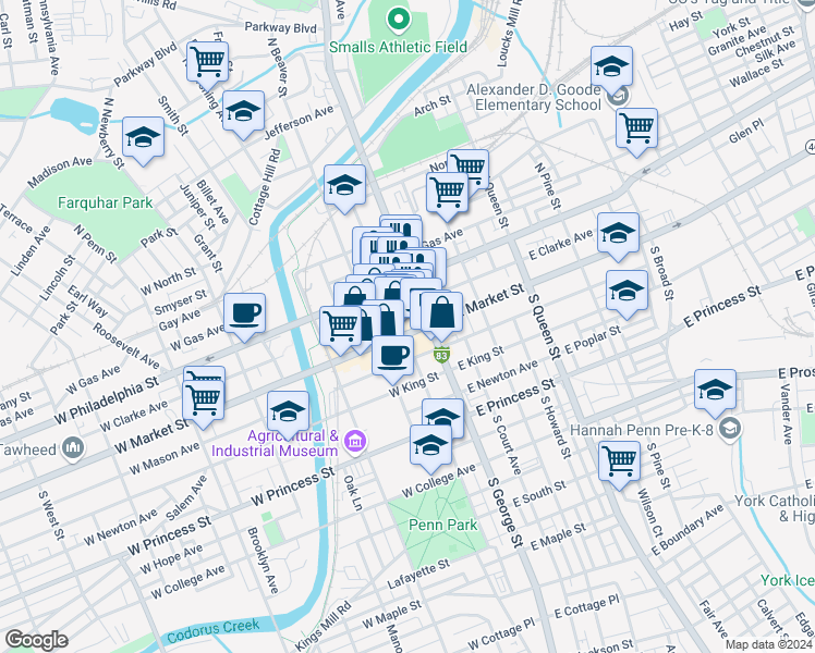 map of restaurants, bars, coffee shops, grocery stores, and more near in York