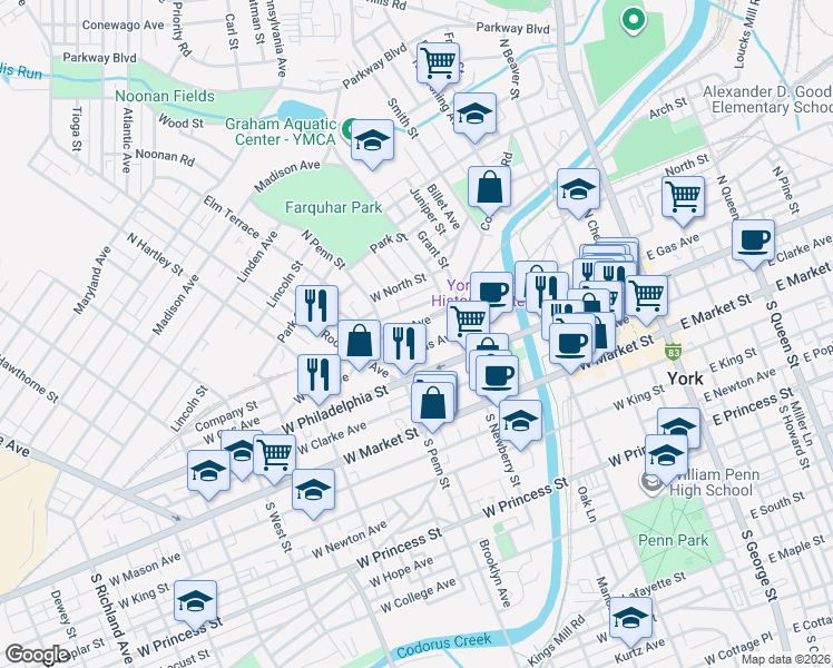 map of restaurants, bars, coffee shops, grocery stores, and more near 330 Smyser Street in York