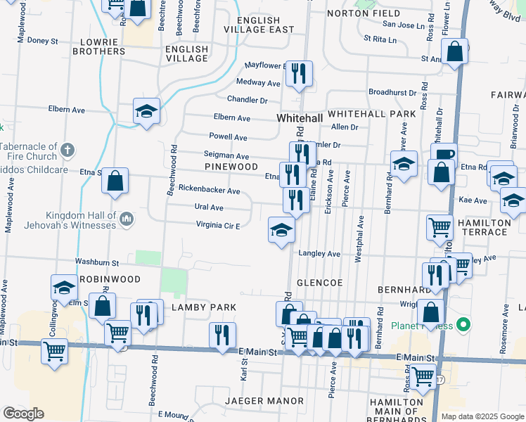 map of restaurants, bars, coffee shops, grocery stores, and more near 4238 Rickenbacker Avenue in Whitehall