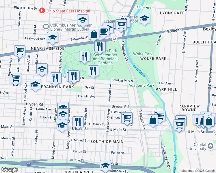 map of restaurants, bars, coffee shops, grocery stores, and more near 1773 Franklin Park South in Columbus