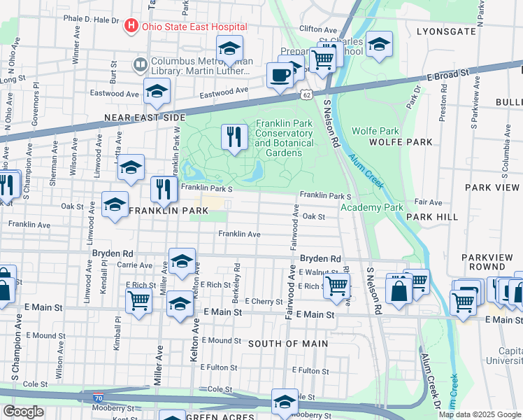 map of restaurants, bars, coffee shops, grocery stores, and more near 1707 Franklin Park South in Columbus