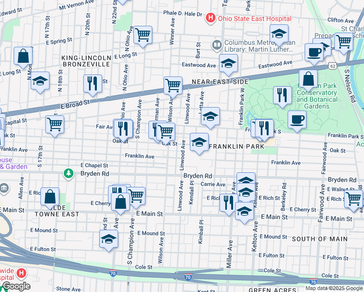 map of restaurants, bars, coffee shops, grocery stores, and more near 151 Linwood Avenue in Columbus