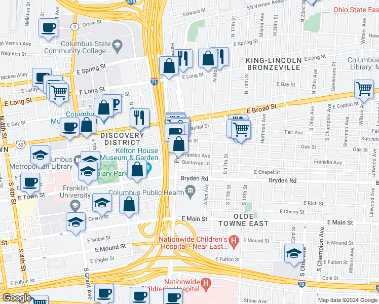 map of restaurants, bars, coffee shops, grocery stores, and more near 763 Oak Street in Columbus