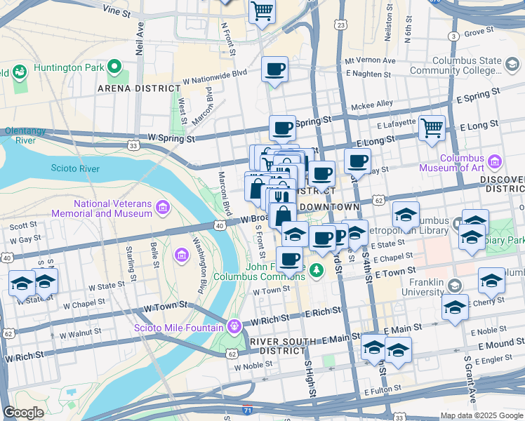 map of restaurants, bars, coffee shops, grocery stores, and more near in Columbus