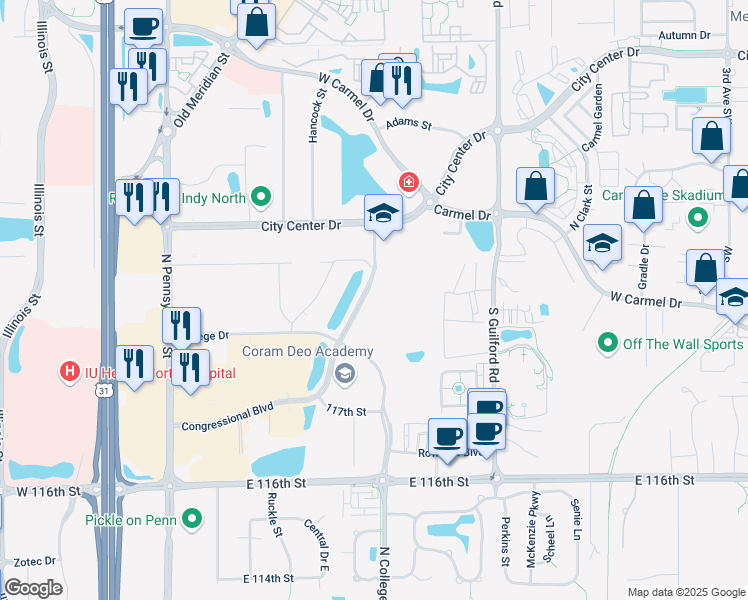 map of restaurants, bars, coffee shops, grocery stores, and more near 701 Congressional Blvd in Carmel