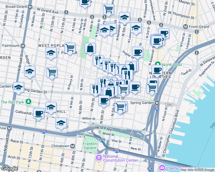 map of restaurants, bars, coffee shops, grocery stores, and more near 603 North 6th Street in Philadelphia