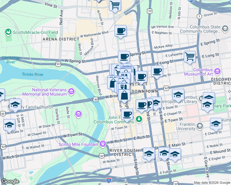 map of restaurants, bars, coffee shops, grocery stores, and more near 50 West Broad Street in Columbus