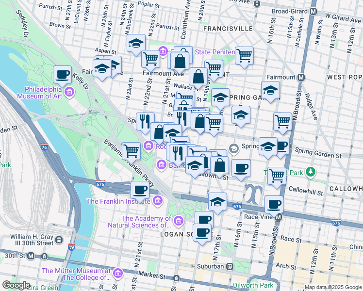map of restaurants, bars, coffee shops, grocery stores, and more near 503 North 20th Street in Philadelphia
