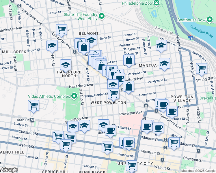 map of restaurants, bars, coffee shops, grocery stores, and more near 4011 Green Street in Philadelphia