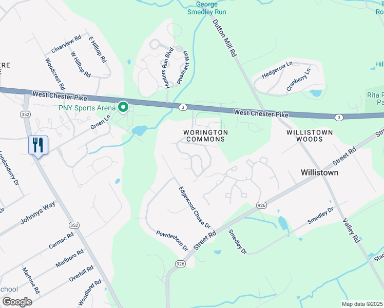 map of restaurants, bars, coffee shops, grocery stores, and more near 602 Brookfield Way in West Chester