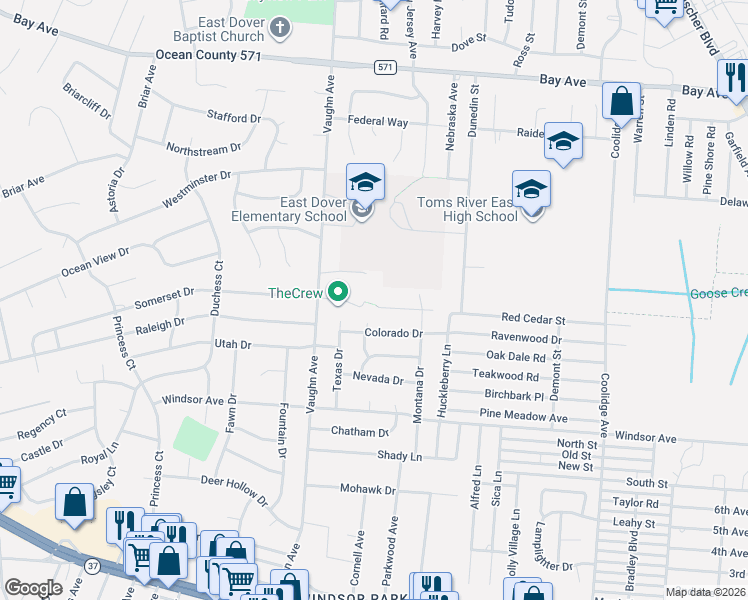 map of restaurants, bars, coffee shops, grocery stores, and more near 1432 Weeping Willow Court in Toms River