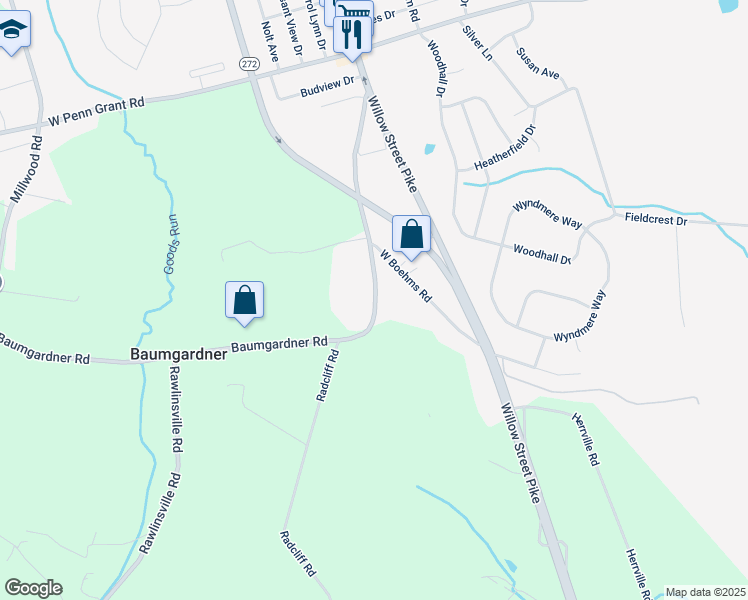 map of restaurants, bars, coffee shops, grocery stores, and more near 200 Baumgardner Road in Willow Street