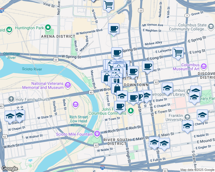 map of restaurants, bars, coffee shops, grocery stores, and more near in Columbus