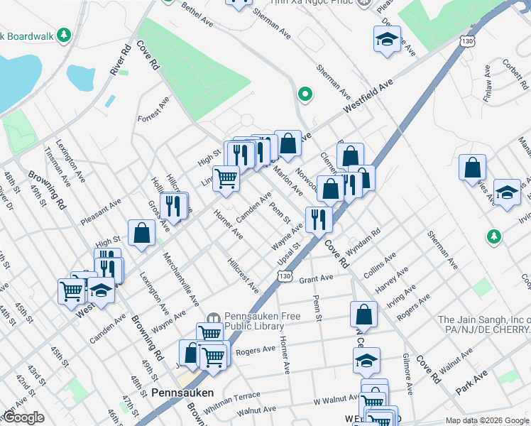 map of restaurants, bars, coffee shops, grocery stores, and more near 2210 Penn Street in Pennsauken Township